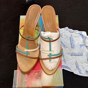 Women's tan and teal leather strappy sandals